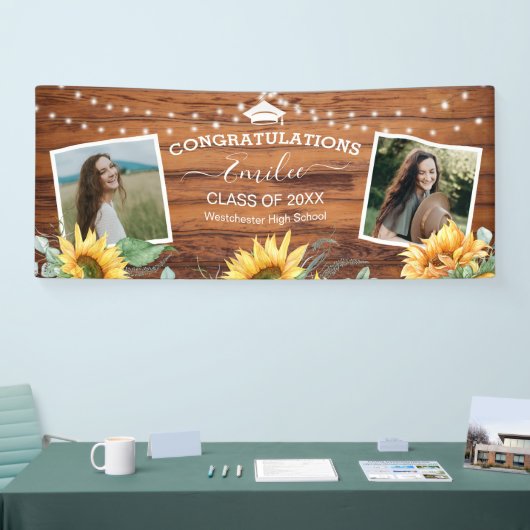 Rustic Wood Sunflower Two Photo Afstuderen Spandoek (Beurs)