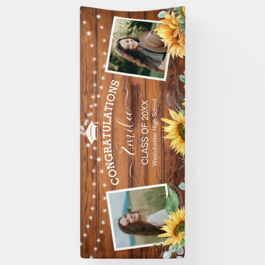 Rustic Wood Sunflower Two Photo Afstuderen Spandoek (Verticaal)