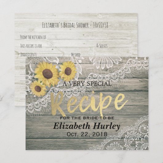 Rustic Wood Sunflower Vrijgezellenfeest Recipe Uitnodiging Briefkaart (Voorkant / Achterkant)
