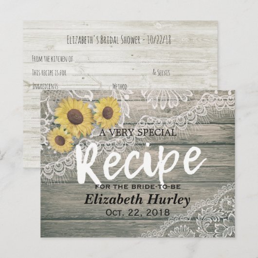 Rustic Wood Sunflower Vrijgezellenfeest Recipe Uitnodiging Briefkaart (Voorkant / Achterkant)
