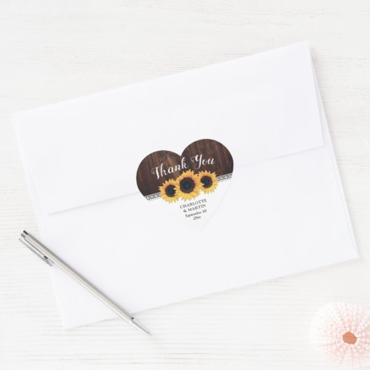 Rustic Wood Sunflower Wedding Bedankt Hart Sticker (Envelop)
