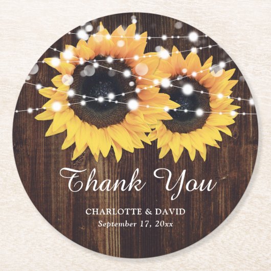 Rustic Wood Sunflower Wedding Bedankt Ronde Kartonnen Onderzetter (Voorkant)