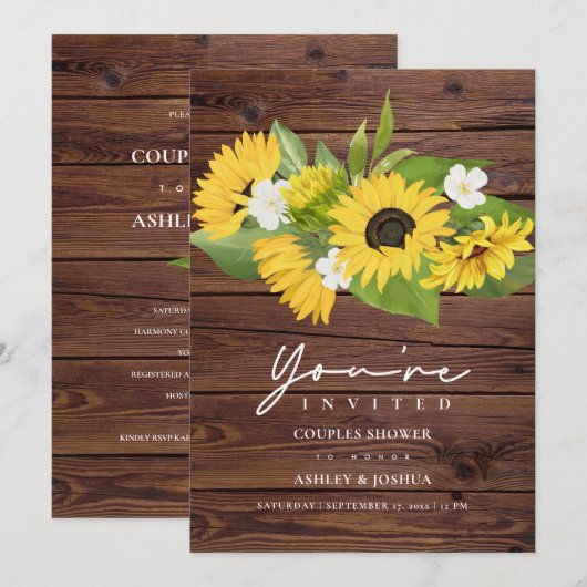 Rustic Wood Sunflower Wedding Couples Shower Kaart (Voorkant / Achterkant)