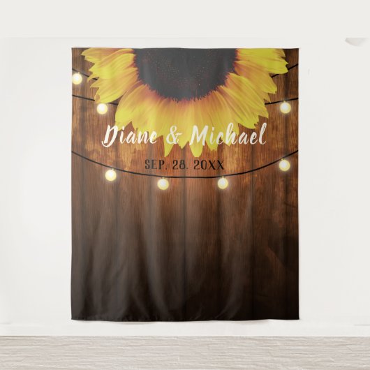 Rustic Wood Sunflower Wedding Photo Booth Backdrop Wandkleed (Voorkant)