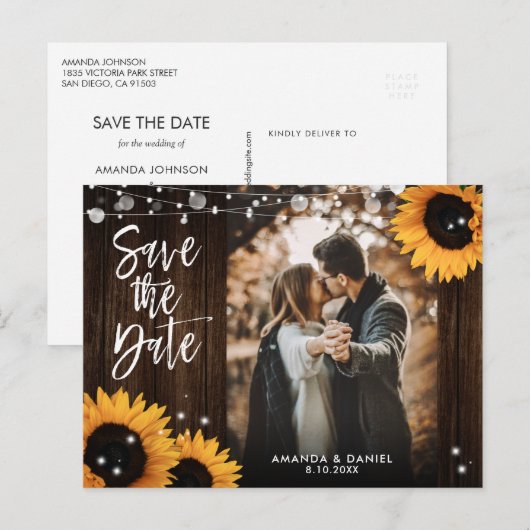 Rustic Wood Sunflower Wedding Photo Save the Date Aankondigingskaart (Voorkant / Achterkant)