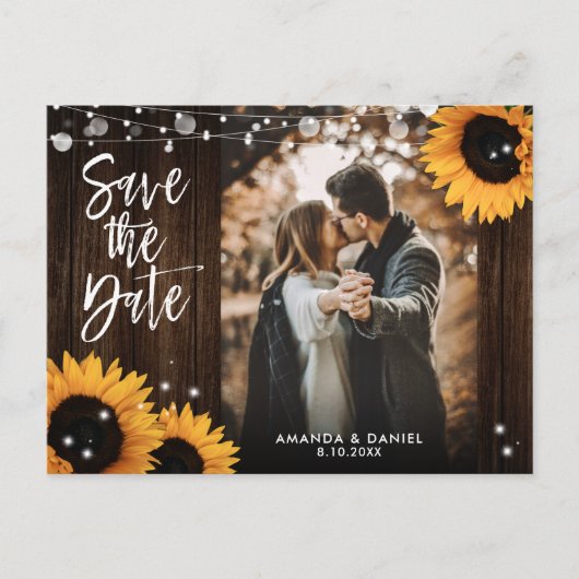 Rustic Wood Sunflower Wedding Photo Save the Date Aankondigingskaart (Voorkant)