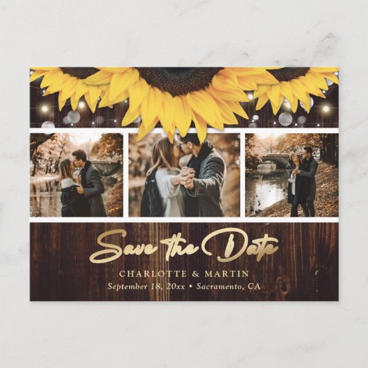 Rustic Wood Sunflower Wedding Photo Save the Date Aankondigingskaart (Voorkant)