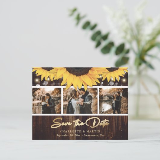 Rustic Wood Sunflower Wedding Photo Save the Date Aankondigingskaart (Staand voorkant)