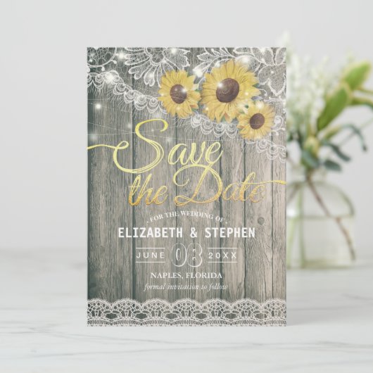 Rustic Wood Sunflower Wedding Save the Date (Staand voorkant)