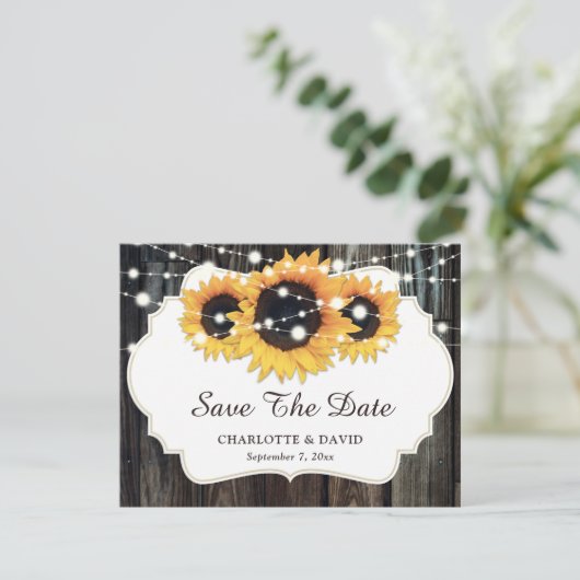Rustic Wood Sunflower Wedding Save the Date Aankondiging (Staand voorkant)