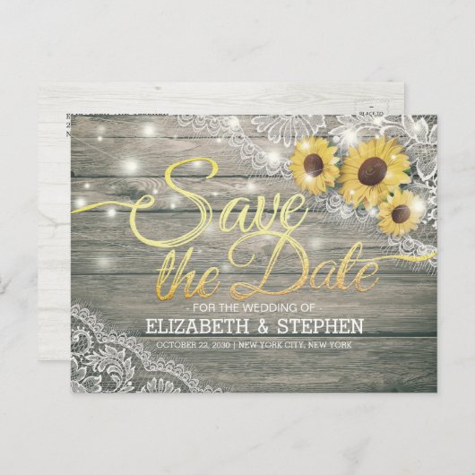 Rustic Wood Sunflower Wedding Save the Date Aankondigingskaart (Voorkant / Achterkant)