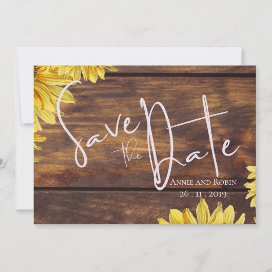 Rustic Wood Sunflower Wedding Save the Date Kaart (Voorkant)