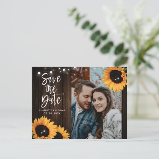 Rustic Wood Sunflower Wedding Save the Date Photo Briefkaart (Staand voorkant)