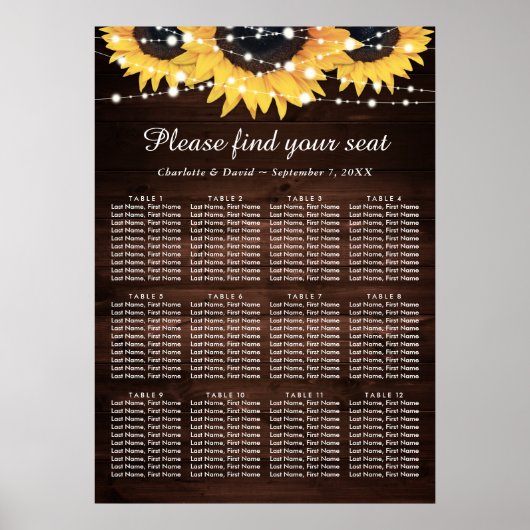 Rustic Wood Sunflower Wedding Seating Chart 12 Poster (Voorkant)