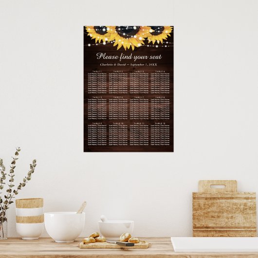 Rustic Wood Sunflower Wedding Seating Chart 12 Poster (Keuken)