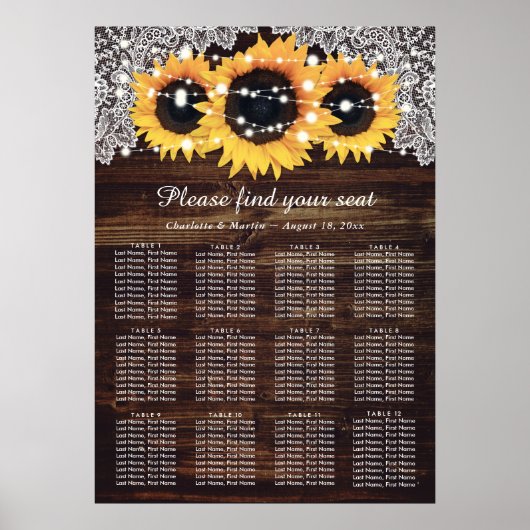 Rustic Wood Sunflower Wedding Seating Chart 12 Poster (Voorkant)