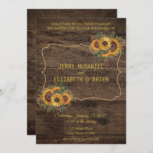 Rustic Wood Sunflower Wedding Uitnodiging (Voorkant / Achterkant)