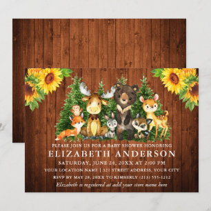 Rustic Wood Sunflower Woodland Animals Shower Kaart