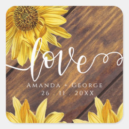 Rustic Wood Sunflower Yellow Love Fall Wedding Vierkante Sticker