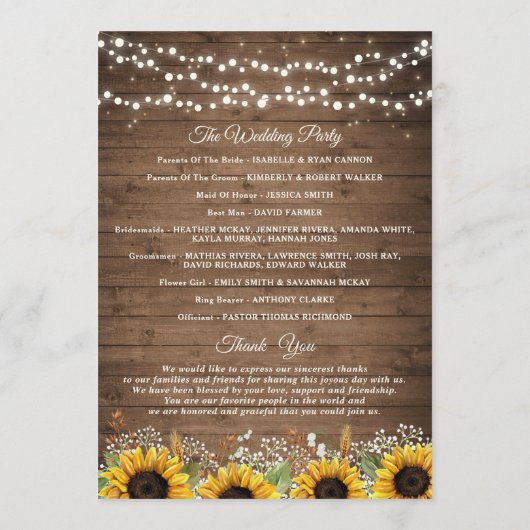 Rustic Wood Sunflower's Breath Wedding Programmakaart (Achterkant)