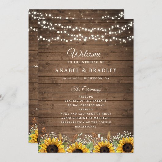 Rustic Wood Sunflower's Breath Wedding Programmakaart (Voorkant / Achterkant)