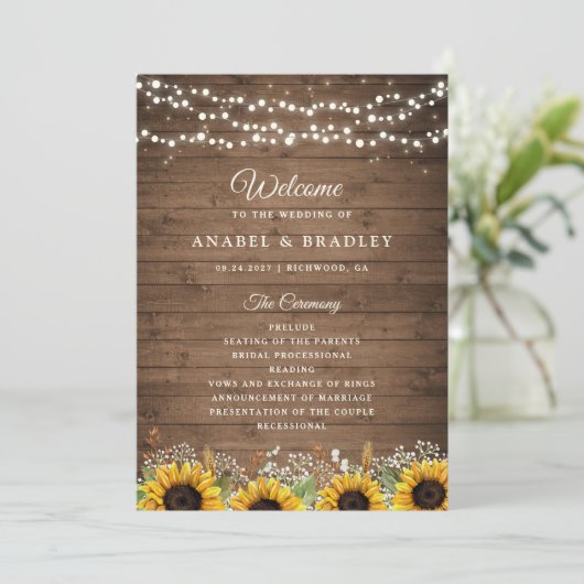 Rustic Wood Sunflower's Breath Wedding Programmakaart (Staand voorkant)