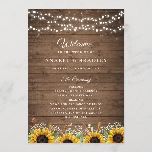 Rustic Wood Sunflower's Breath Wedding Programmakaart (Voorkant)