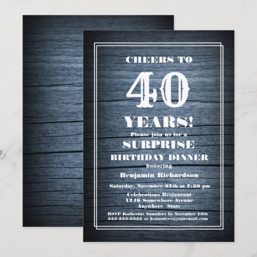 Rustic Wood Surprise 40th Birthday Dinner Party Kaart (Voorkant / Achterkant)