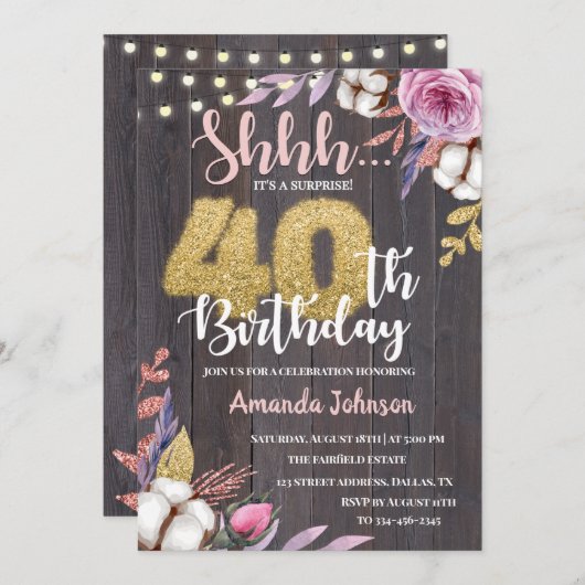 Rustic Wood Surprise 40th Birthday Invitation Kaart (Voorkant / Achterkant)
