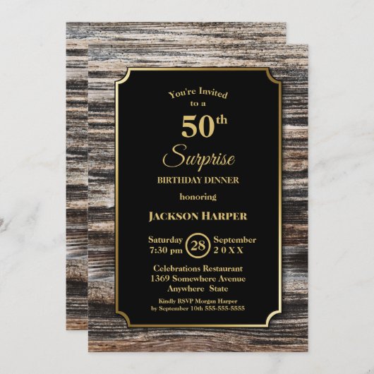 Rustic Wood Surprise 50th Birthday Dinner Kaart (Voorkant / Achterkant)