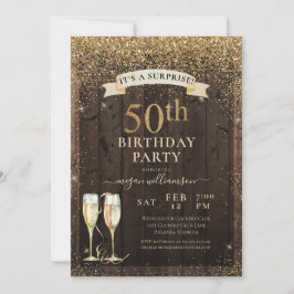 Rustic Wood Surprise 50th Gold Glitter Birthday Kaart
