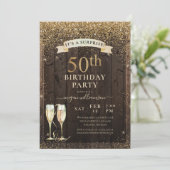 Rustic Wood Surprise 50th Gold Glitter Birthday Kaart (Staand voorkant)