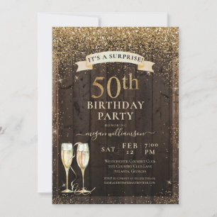 Rustic Wood Surprise 50th Gold Glitter Birthday Kaart