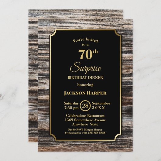 Rustic Wood Surprise 70th Birthday Dinner Kaart (Voorkant / Achterkant)
