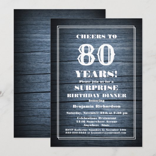 Rustic Wood Surprise 80th Birthday Dinner Party Kaart (Voorkant / Achterkant)