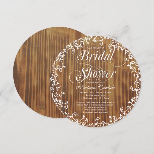 Rustic Wood Swirls Round Bridal Shower Invitations Kaart (Voorkant / Achterkant)