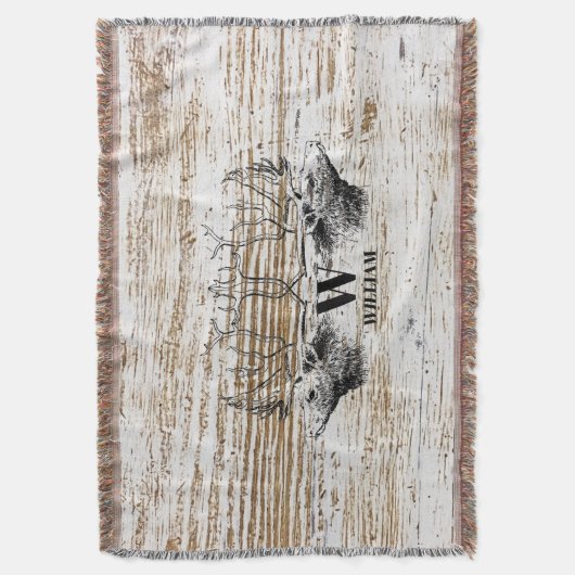 Rustic Wood Texture Deer Forest Monogram Deken (Voorkant Verticaal)