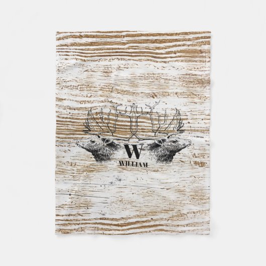 Rustic Wood Texture Deer Forest Monogram Fleece Deken (Voorkant)