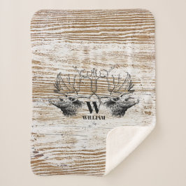 Rustic Wood Texture Deer Forest Monogram Sherpa Deken