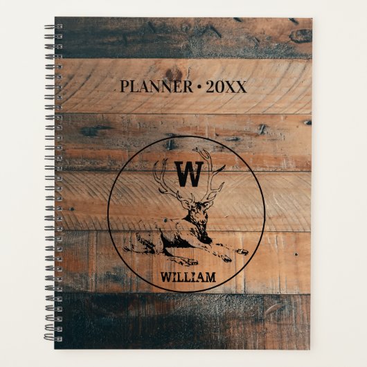 Rustic Wood Texture & Deer Monogram Planner (Voorkant)