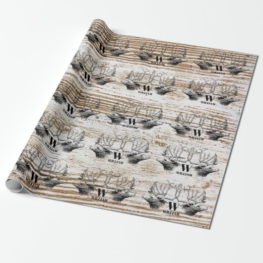 Rustic Wood Texture Deer Woodland Monogram Cadeaupapier (Uitgerold)