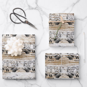 Rustic Wood Texture Deer Woodland Monogram Inpakpapier Vel