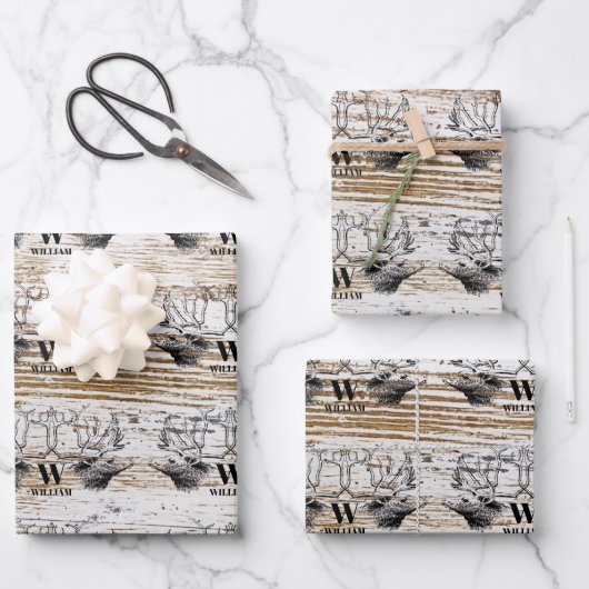 Rustic Wood Texture Deer Woodland Monogram Inpakpapier Vel (Voorkant)