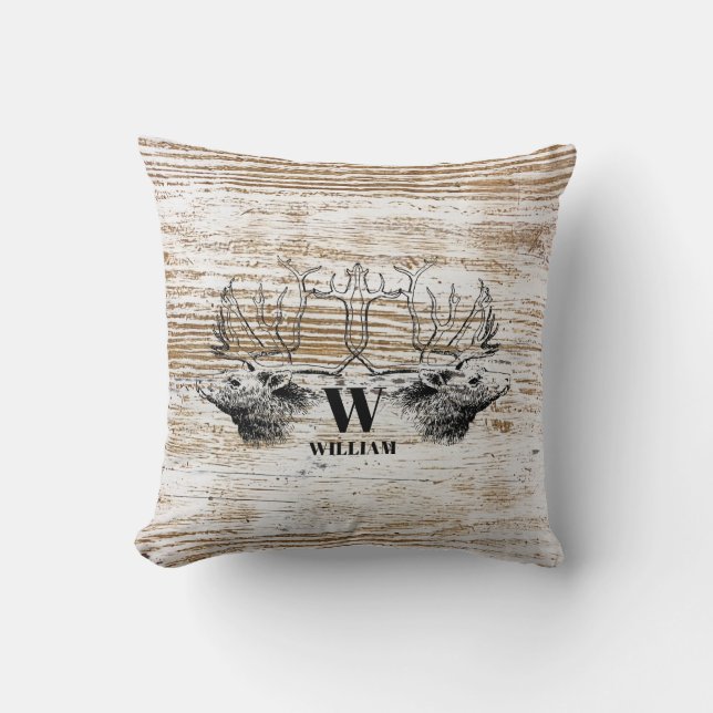 Rustic Wood Texture Deer Woodland Monogram Kussen (Voorkant)