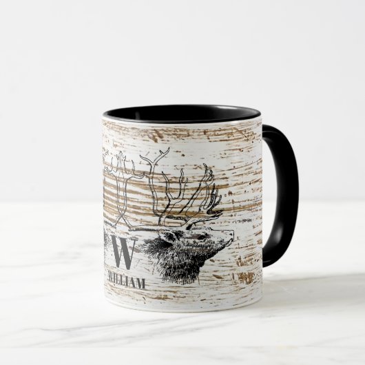 Rustic Wood Texture Deer Woodland Monogram Mok (Voorkant rechts)