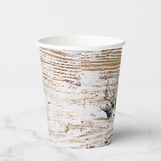 Rustic Wood Texture Deer Woodland Monogram Papieren Bekers (Rechts)