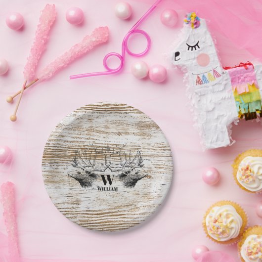 Rustic Wood Texture Deer Woodland Monogram Papieren Bordje (Feest)