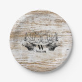 Rustic Wood Texture Deer Woodland Monogram Papieren Bordje (Voorkant)