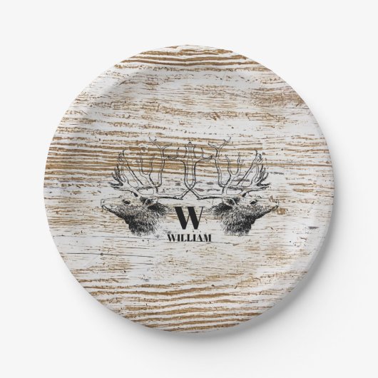 Rustic Wood Texture Deer Woodland Monogram Papieren Bordje (Voorkant)