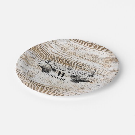 Rustic Wood Texture Deer Woodland Monogram Papieren Bordje (Gekanteld)